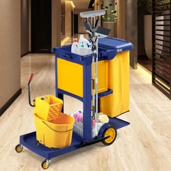 3-shelf janitorial cart with key-locking cabinet, blue cart with yellow vinyl bag for cleaning tasks