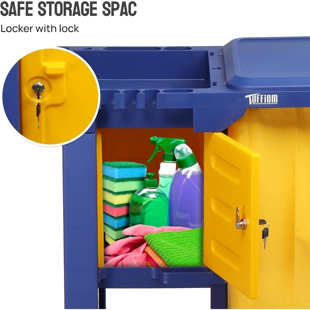 3Shelf Janitorial Cart With KeyLocking Cabinet Blue Cart With Yellow Vinyl Bag For Cleaning Tasks 4
