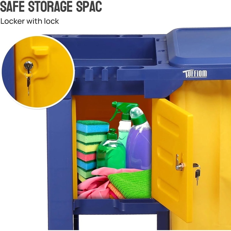 3Shelf Janitorial Cart With KeyLocking Cabinet Blue Cart With Yellow Vinyl Bag For Cleaning Tasks 4