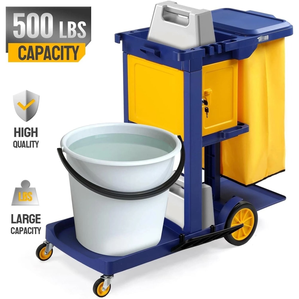 3Shelf Janitorial Cart With KeyLocking Cabinet Blue Cart With Yellow Vinyl Bag For Cleaning Tasks 5