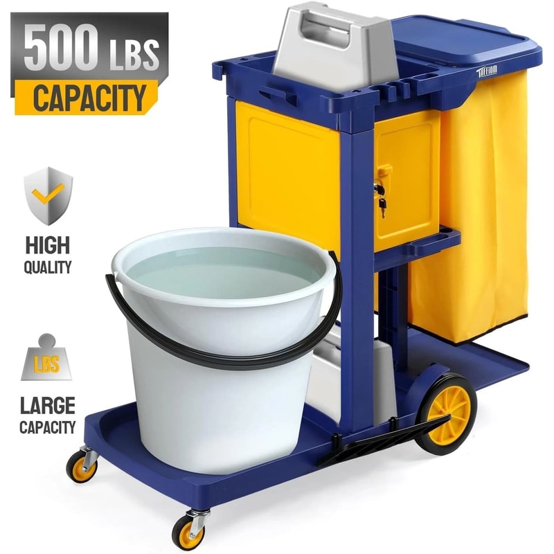 3Shelf Janitorial Cart With KeyLocking Cabinet Blue Cart With Yellow Vinyl Bag For Cleaning Tasks 5