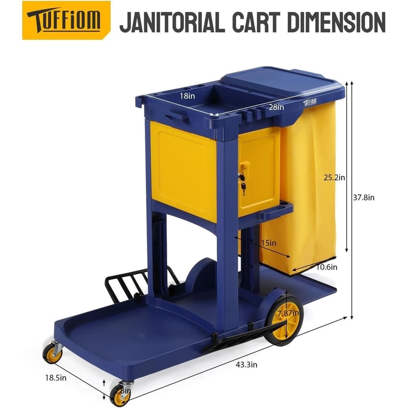 3Shelf Janitorial Cart With KeyLocking Cabinet Blue Cart With Yellow Vinyl Bag For Cleaning Tasks 6