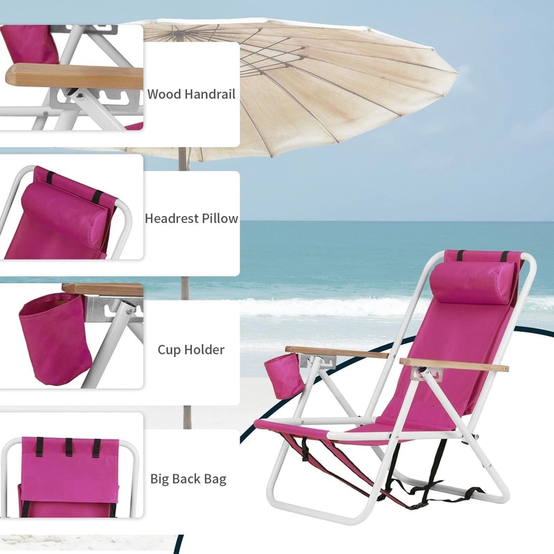 Portable Backpack Camping Chair Folding Beach Lounge Chair With Cup Holder Pillows For Travel And B 1