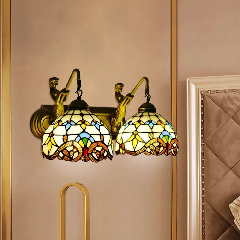 Tiffany Mermaid Vanity Fixture 2 Light Wall Sconce Stained Glass 2
