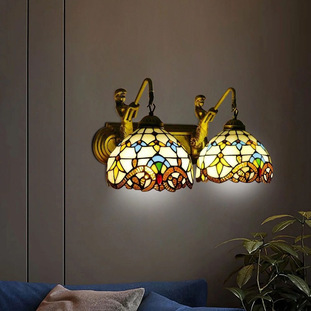 Tiffany Mermaid Vanity Fixture 2 Light Wall Sconce Stained Glass 6