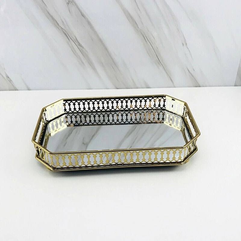 Glass Tray Vintage Octagon Mirror For Vanity Dresser Perfume Cosmetic Holder 3