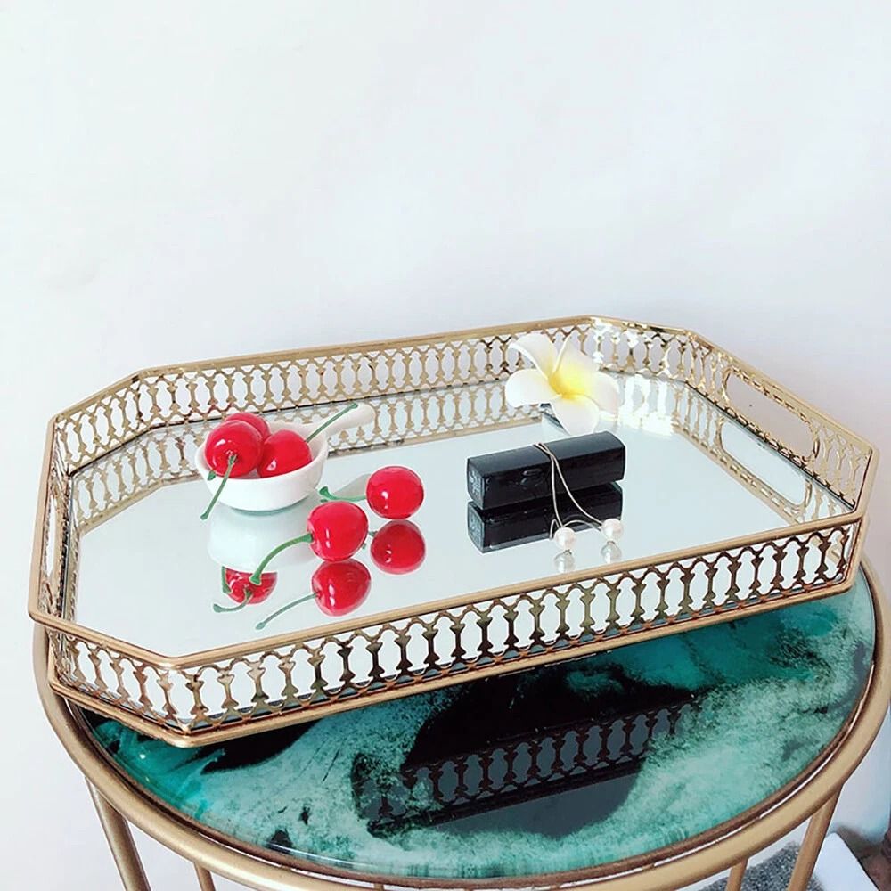 Glass Tray Vintage Octagon Mirror For Vanity Dresser Perfume Cosmetic Holder 0