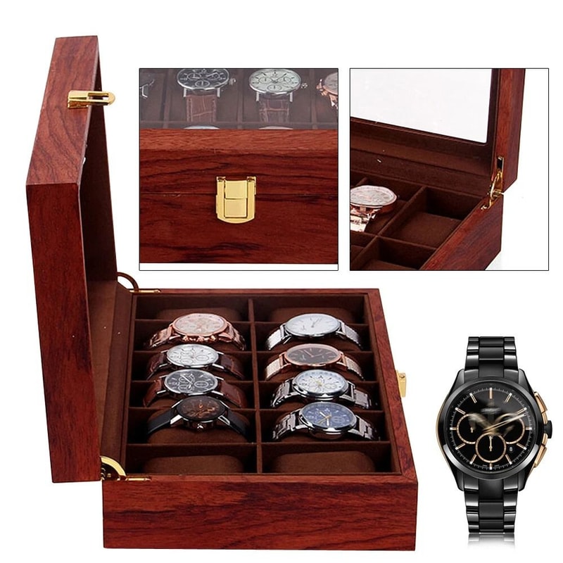 Luxury Accents Display Box 12 Slot Gold Wooden Watch Box For Men Holder Gift 7