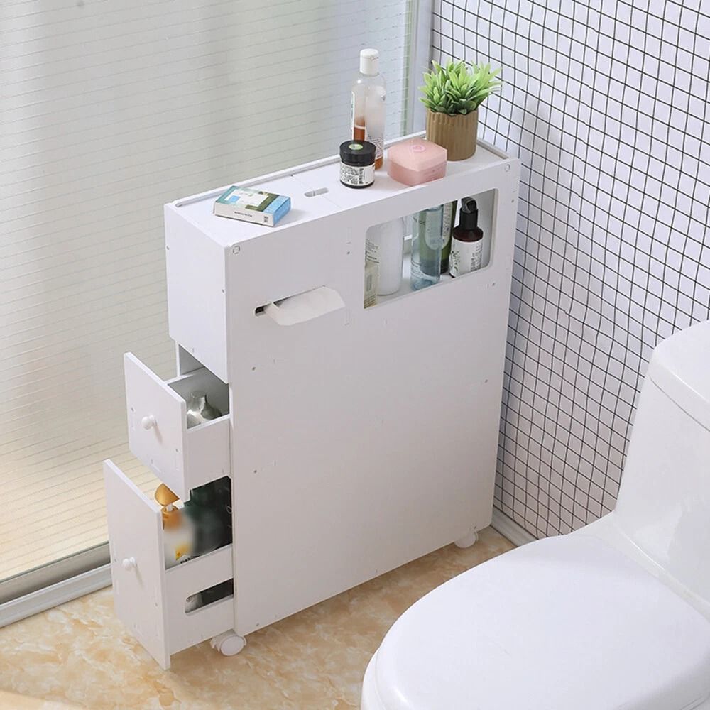Narrow Cupboard Shelf Slim Bathroom Storage Floor Standing Toilet White 0