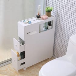 narrow cupboard shelf, slim bathroom storage, floor standing toilet white