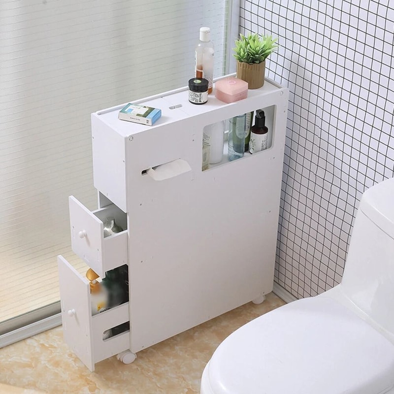 Narrow Cupboard Shelf Slim Bathroom Storage Floor Standing Toilet White 0