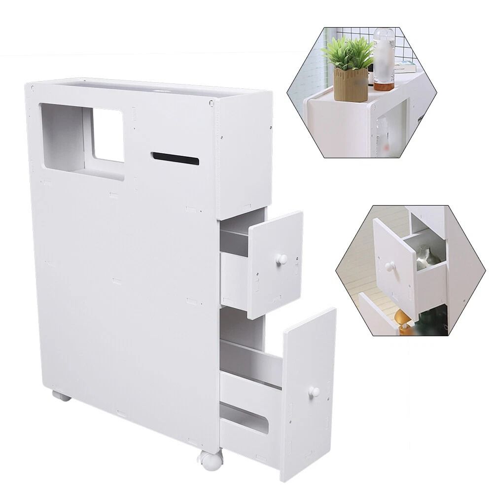 Narrow Cupboard Shelf Slim Bathroom Storage Floor Standing Toilet White 3