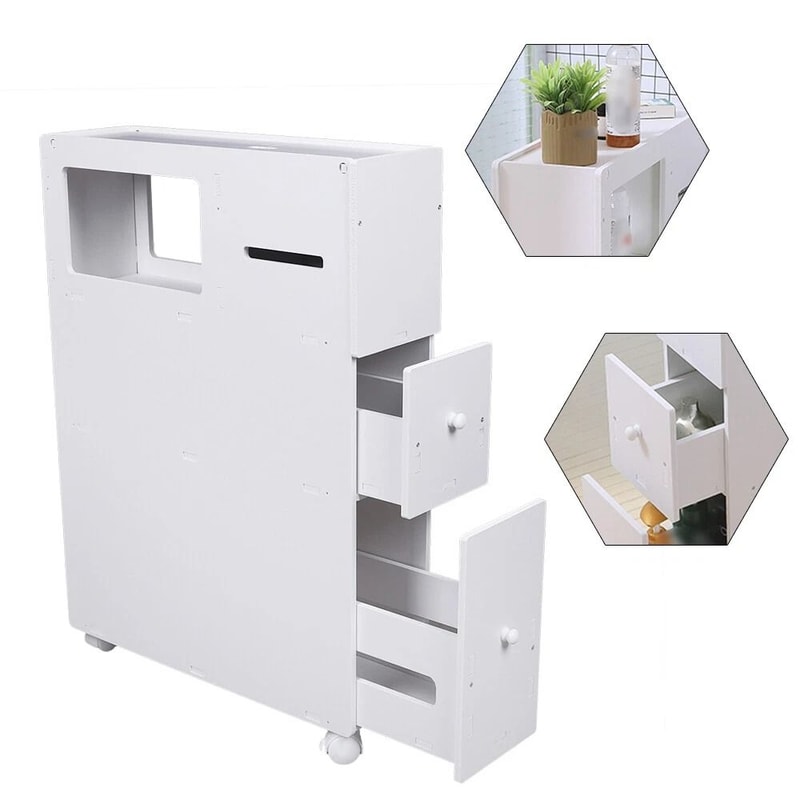 Narrow Cupboard Shelf Slim Bathroom Storage Floor Standing Toilet White 3