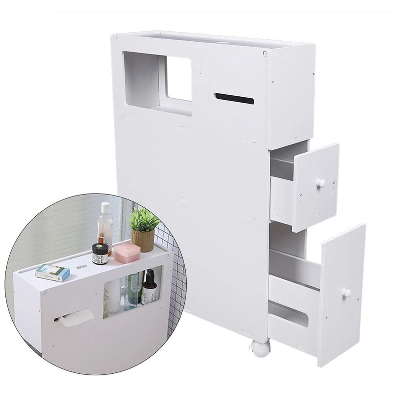 Narrow Cupboard Shelf Slim Bathroom Storage Floor Standing Toilet White 10