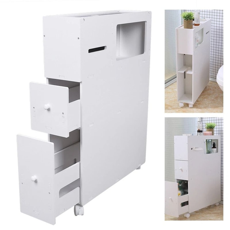 Narrow Cupboard Shelf Slim Bathroom Storage Floor Standing Toilet White 12