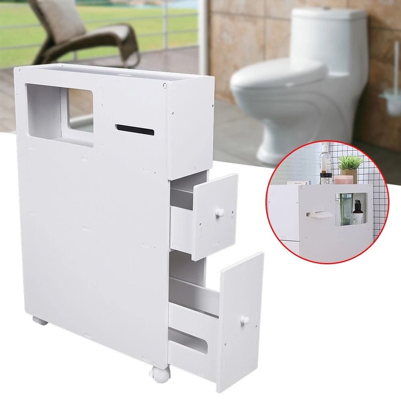 Narrow Cupboard Shelf Slim Bathroom Storage Floor Standing Toilet White 4