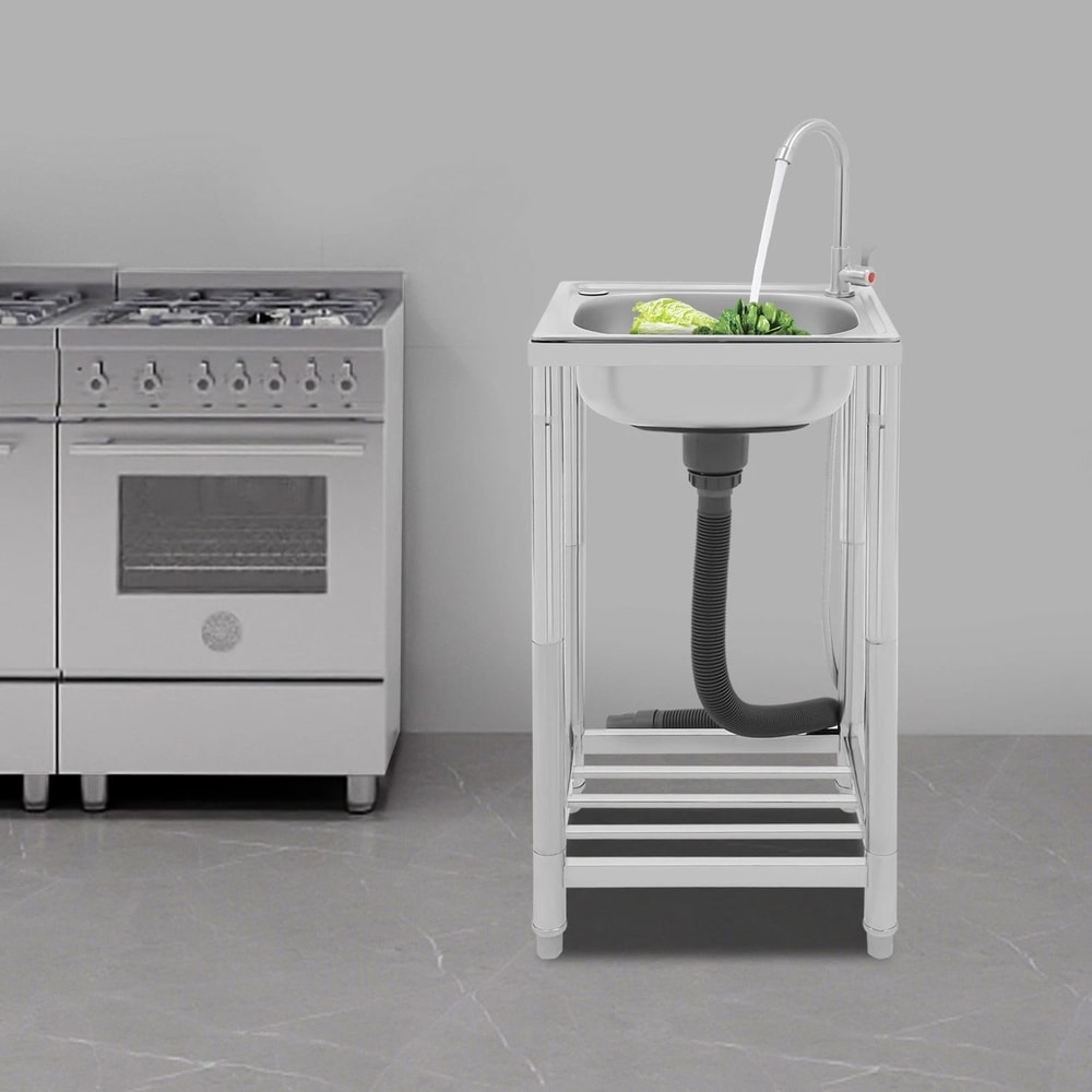 Stainless Steel Kitchen Sink WFaucet Free Standing Single Bowl Sink 0