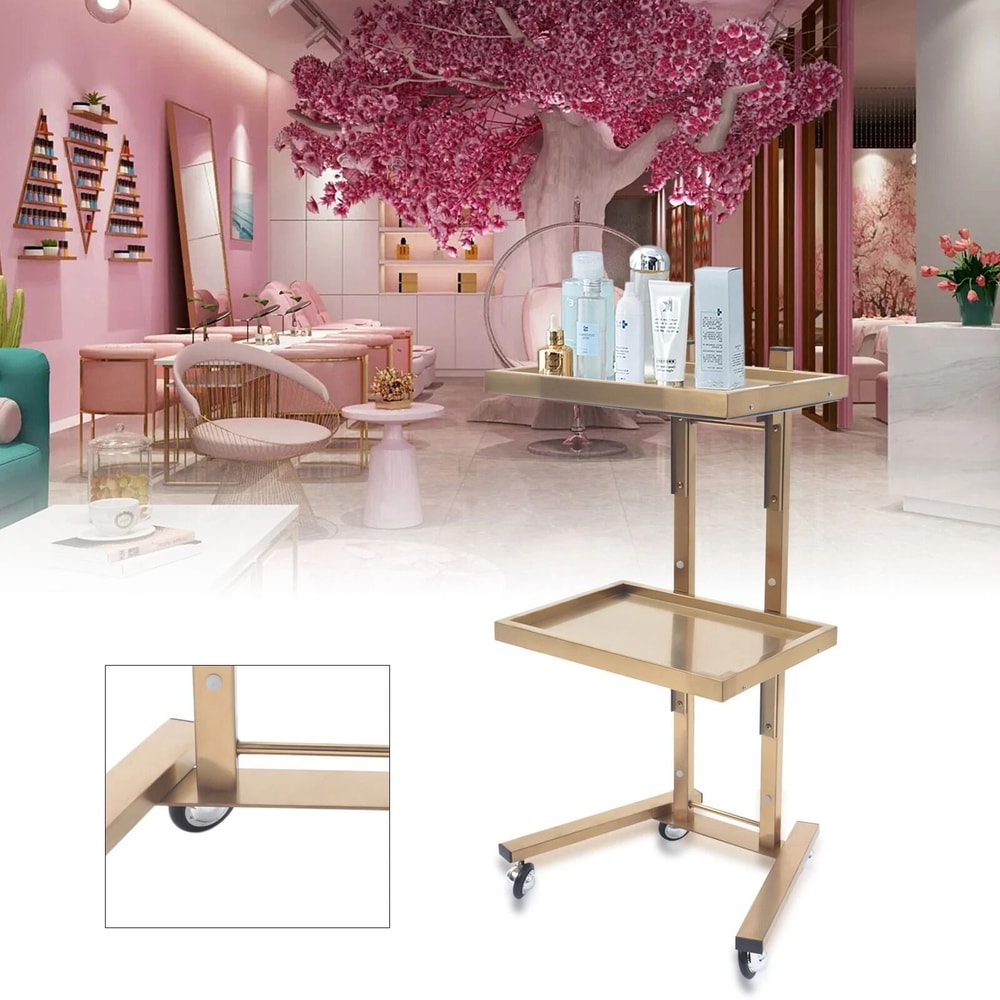 Stainless Steel 2 Tier Gold Beauty Salon SPA Rolling Cart Foldable Tray Trolley 1