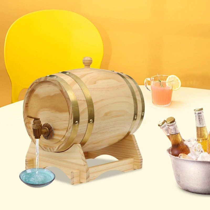Wine Barrel With Faucet On Decorative Pine Wood Stand For Whiskey Wine 7