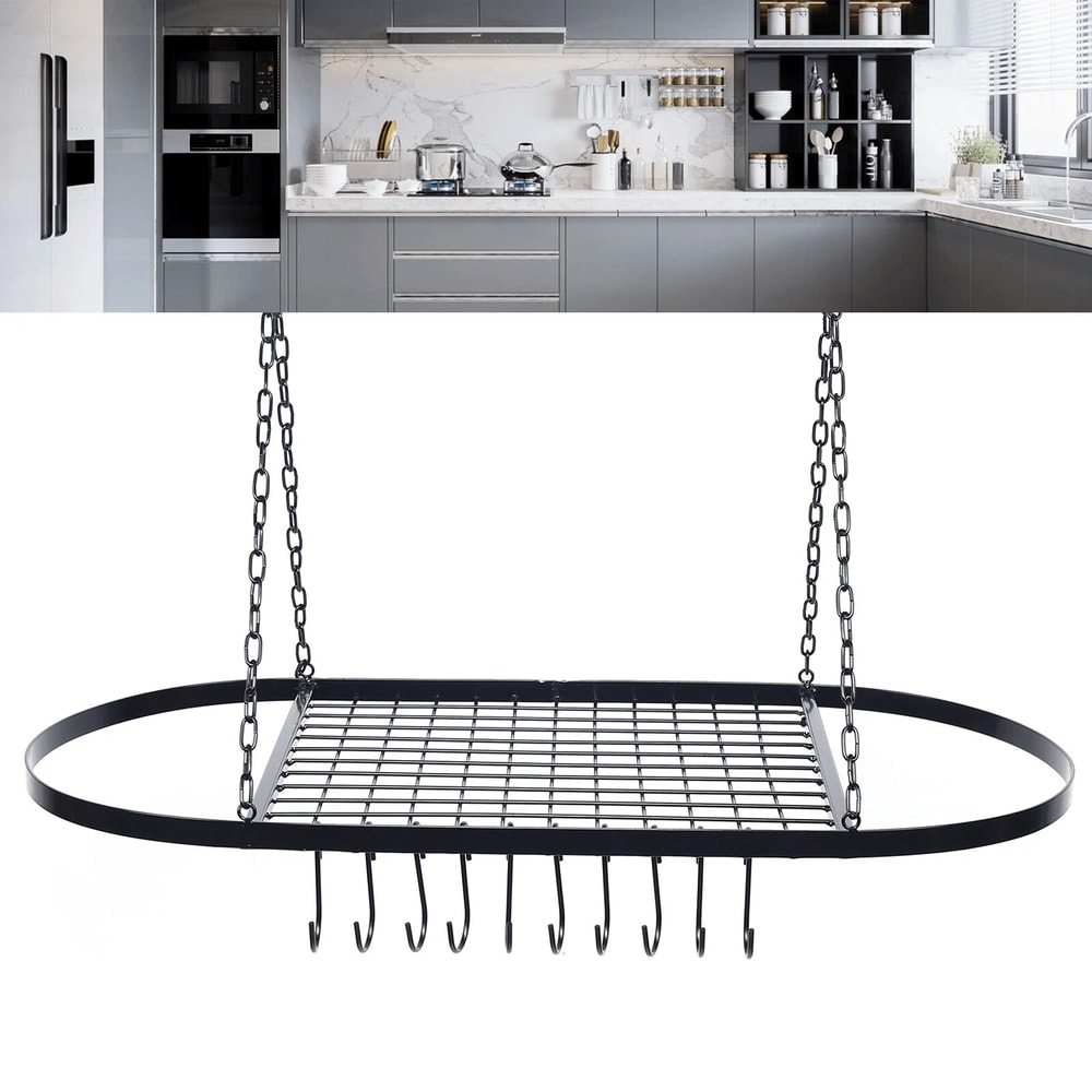 Oval Pot And Pan Rack For Ceiling Wall Mounted Storage With Hooks 9