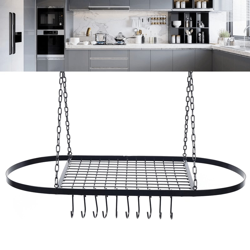 Oval Pot And Pan Rack For Ceiling Wall Mounted Storage With Hooks 9