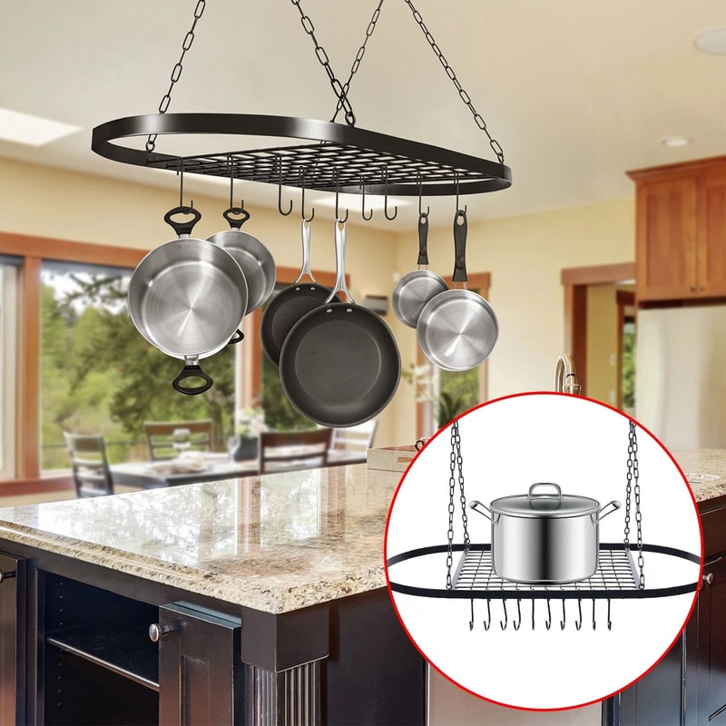 Oval Pot And Pan Rack For Ceiling Wall Mounted Storage With Hooks 1