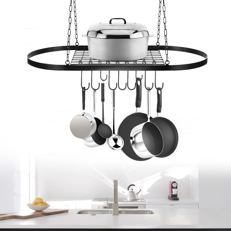 Oval Pot And Pan Rack For Ceiling Wall Mounted Storage With Hooks 2