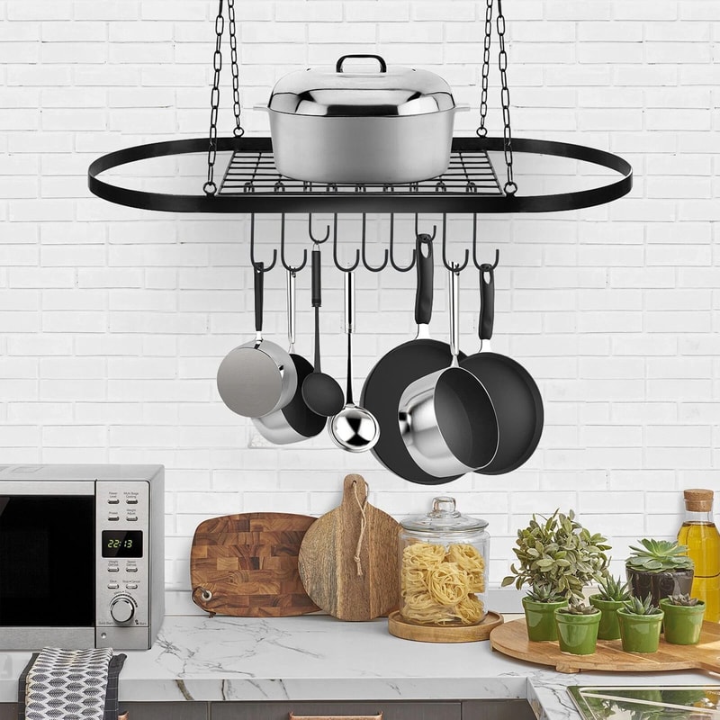 Oval Pot And Pan Rack For Ceiling Wall Mounted Storage With Hooks 3