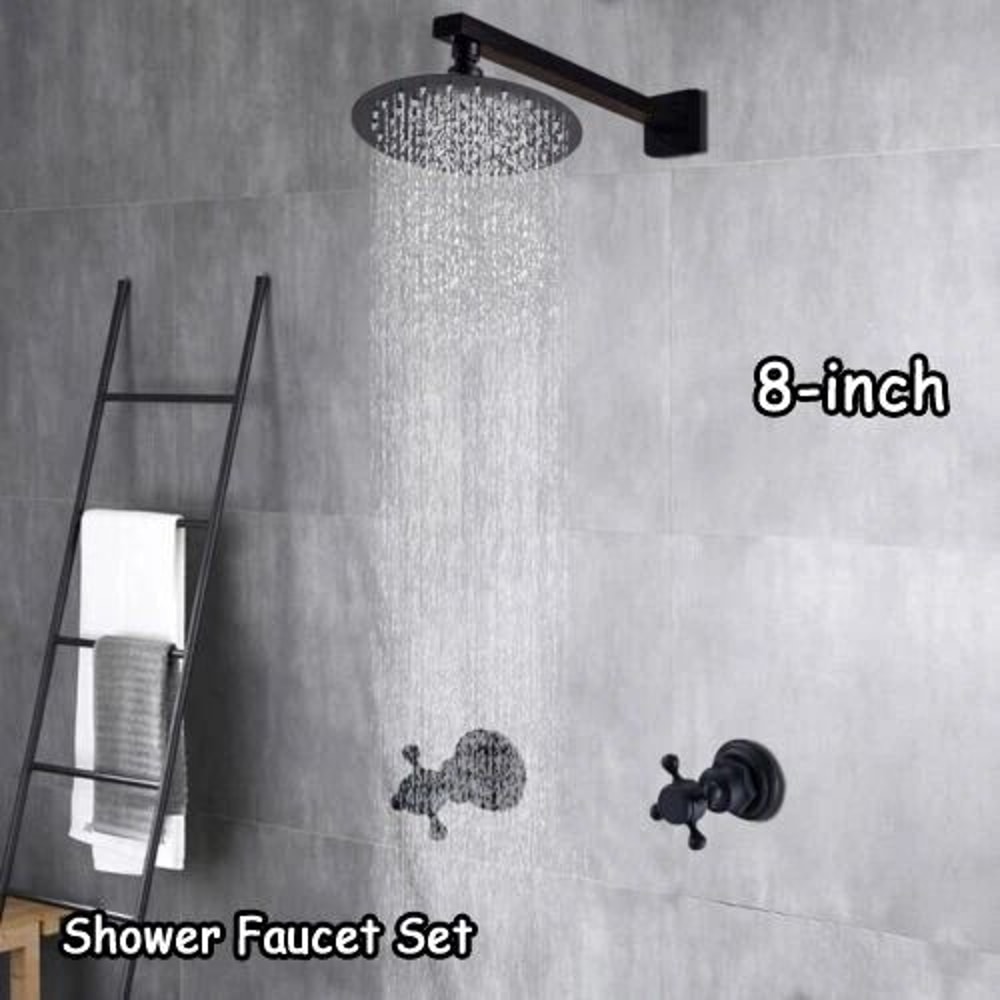Black Shower Faucet System Combo Rainfall Shower Head Set W Mixer Valve Kit 8