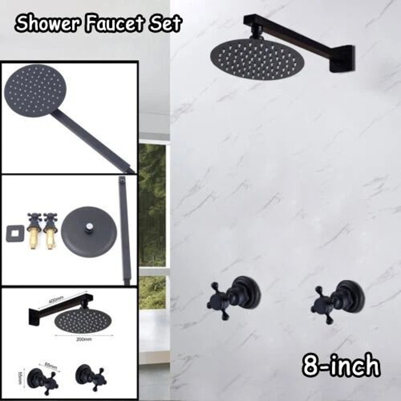 Black Shower Faucet System Combo Rainfall Shower Head Set W Mixer Valve Kit 9