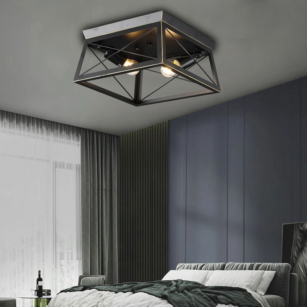 Farmhouse Industrial 2Light Ceiling Light Fixture Matte Black Flush Mount Lamp 2