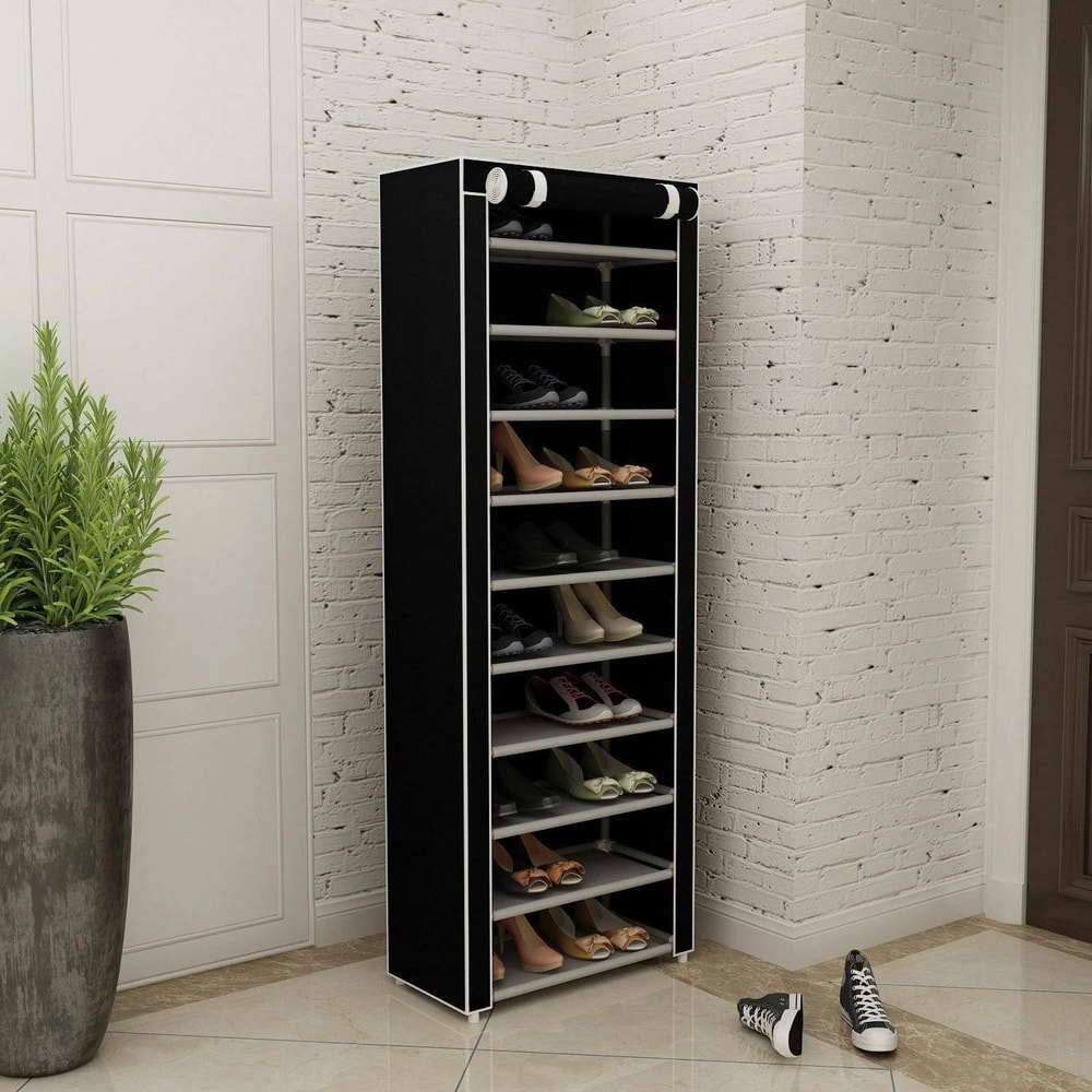 9 Tier Shoe Rack Shelf Black Closet Cabinet With Cover Standing Storage 0