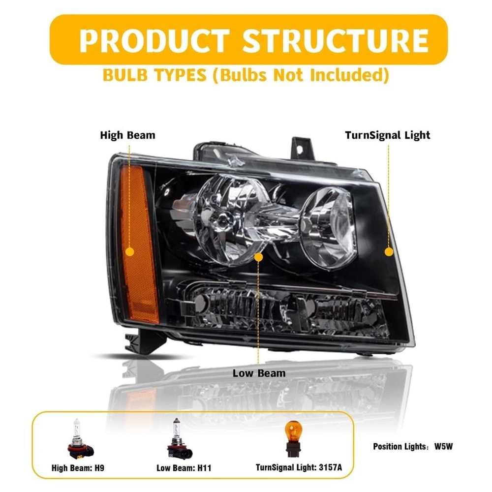 Chevy Suburban Tahoe Avalanche Black Amber Headlights Headlamps 5