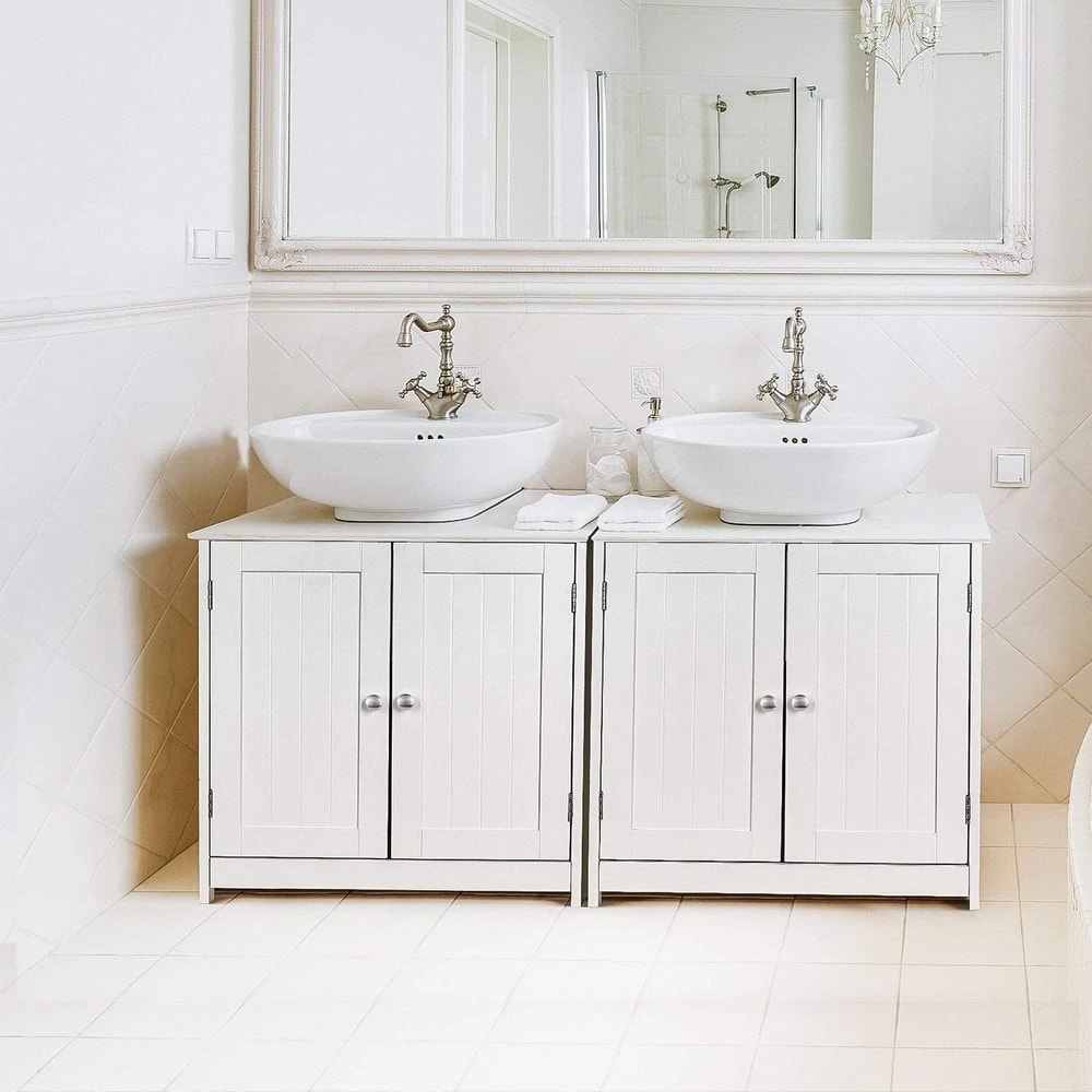 White Pedestal Sink Vanity Cabinet With 2 Shelves For Stylish Bathroom Storage 1
