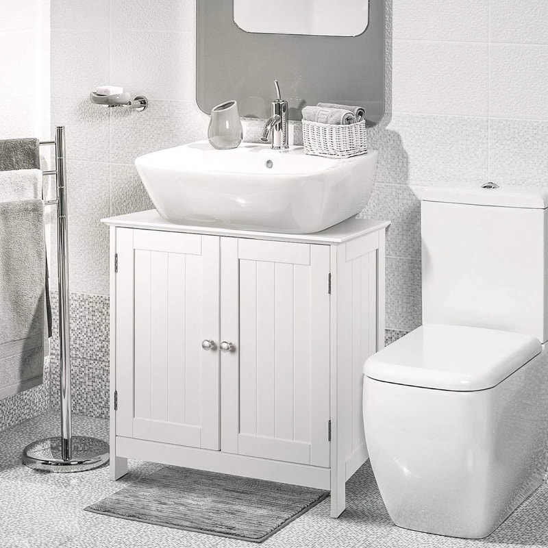 White Pedestal Sink Vanity Cabinet With 2 Shelves For Stylish Bathroom Storage 3