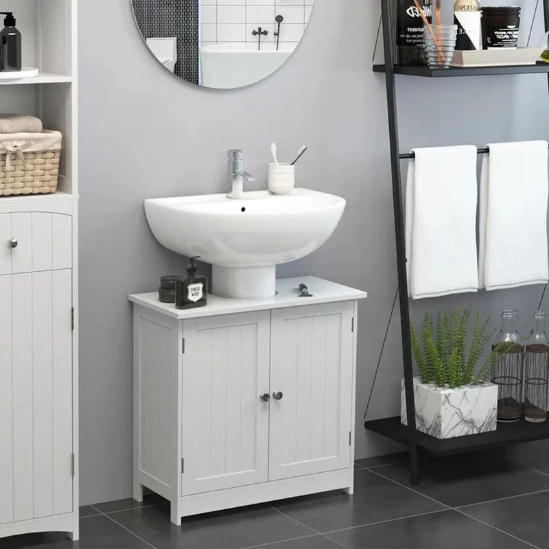 White Pedestal Sink Vanity Cabinet With 2 Shelves For Stylish Bathroom Storage 4