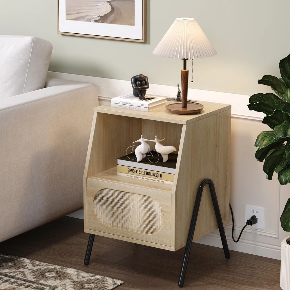 Boho Rattan Nightstand Farmhouse Wood Bedside Table With Storage Drawer Open Shelf 0