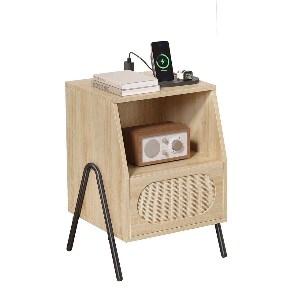 Boho Rattan Nightstand Farmhouse Wood Bedside Table With Storage Drawer Open Shelf 11