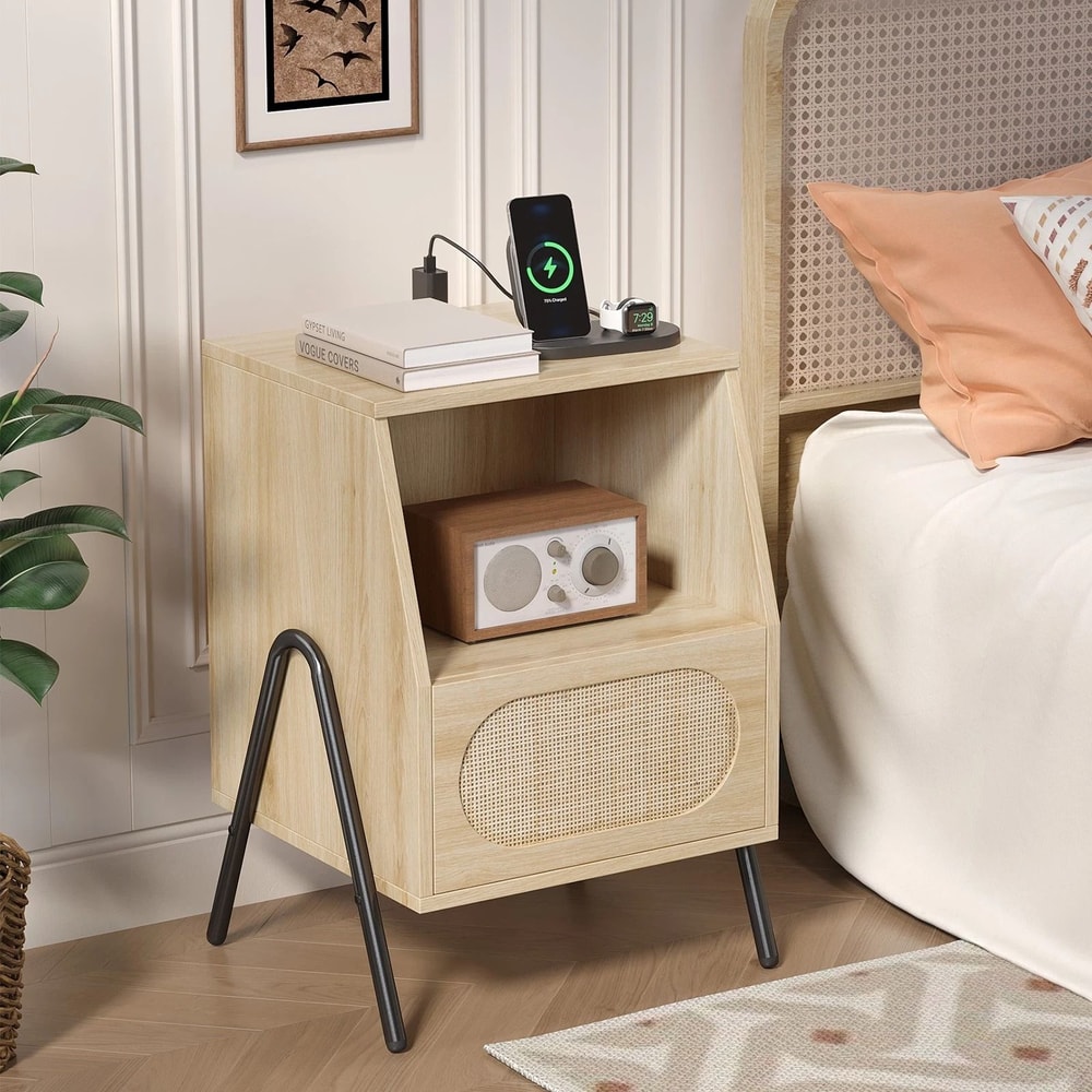 Boho Rattan Nightstand Farmhouse Wood Bedside Table With Storage Drawer Open Shelf 10