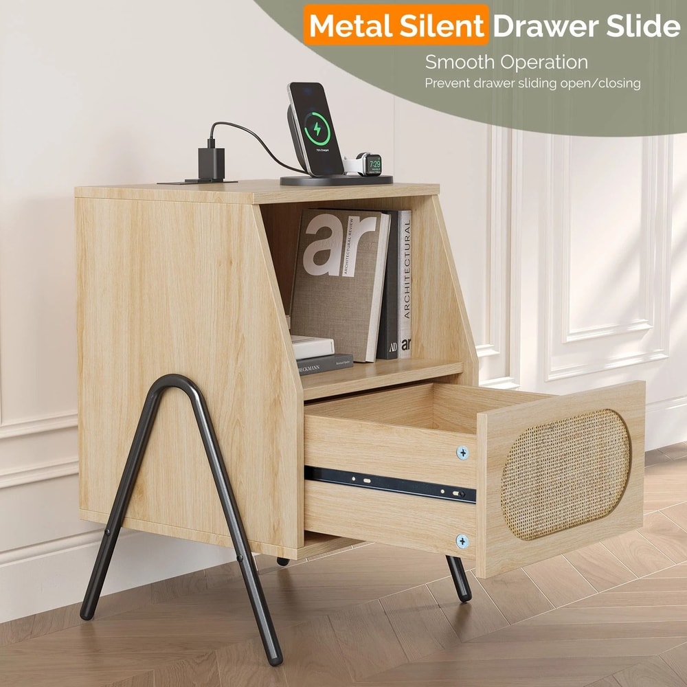 Boho Rattan Nightstand Farmhouse Wood Bedside Table With Storage Drawer Open Shelf 4