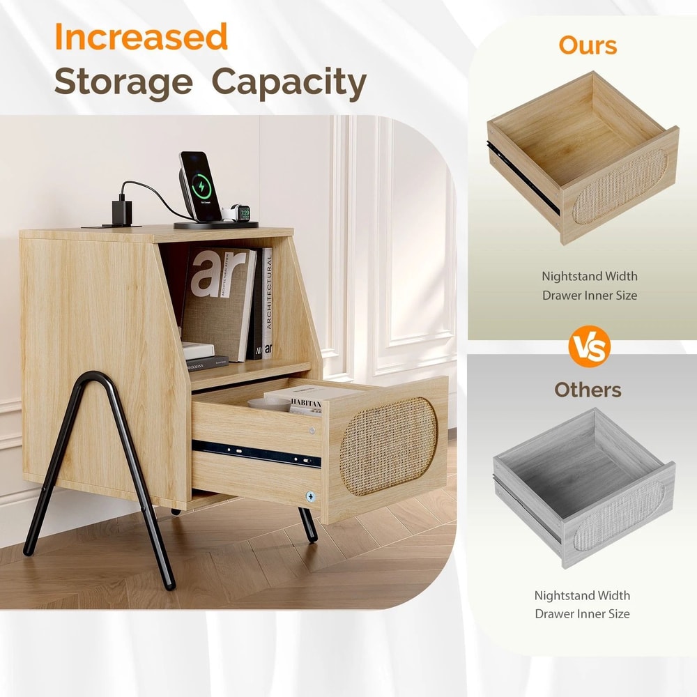 Boho Rattan Nightstand Farmhouse Wood Bedside Table With Storage Drawer Open Shelf 7