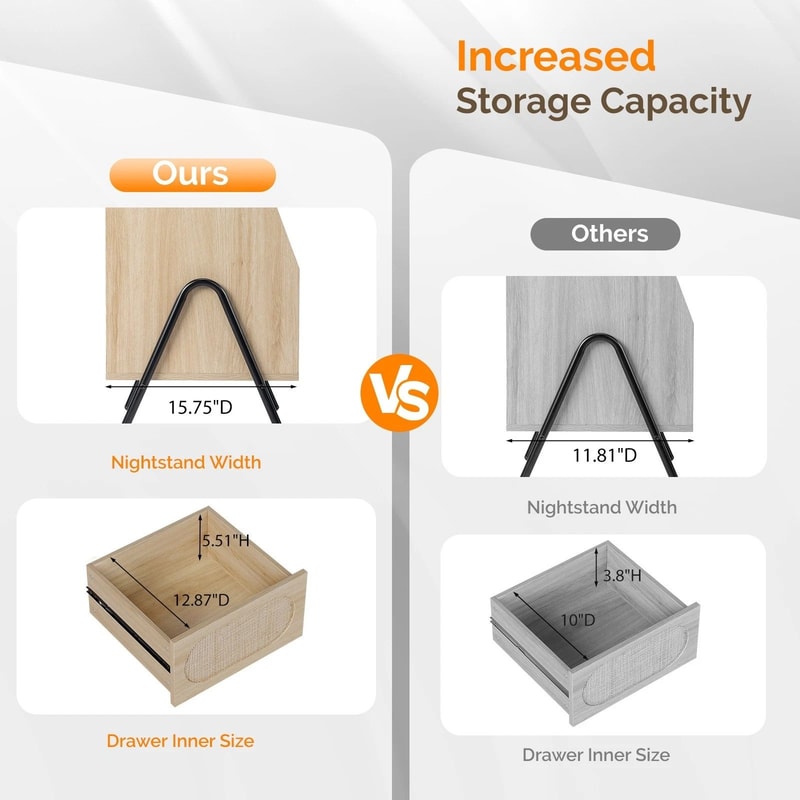 Boho Rattan Nightstand Farmhouse Wood Bedside Table With Storage Drawer Open Shelf 8