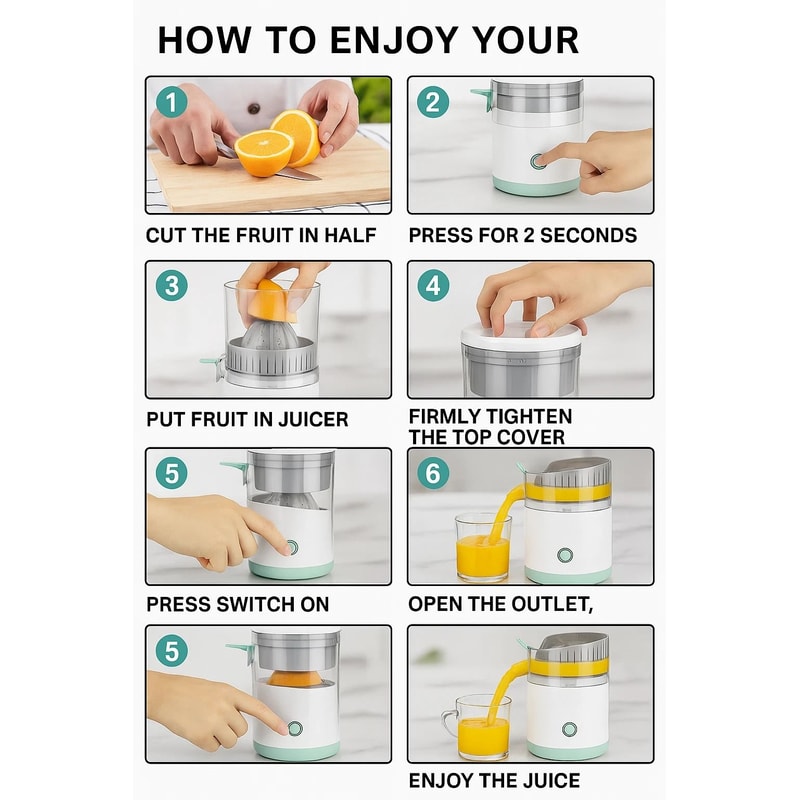 Rechargeable HandsFree Electric Citrus Juicer Masticating Orange Lemon Squeezer 8