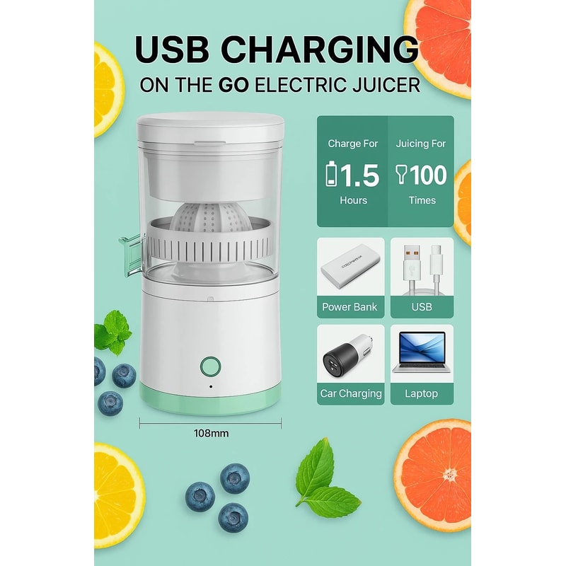Rechargeable HandsFree Electric Citrus Juicer Masticating Orange Lemon Squeezer 6