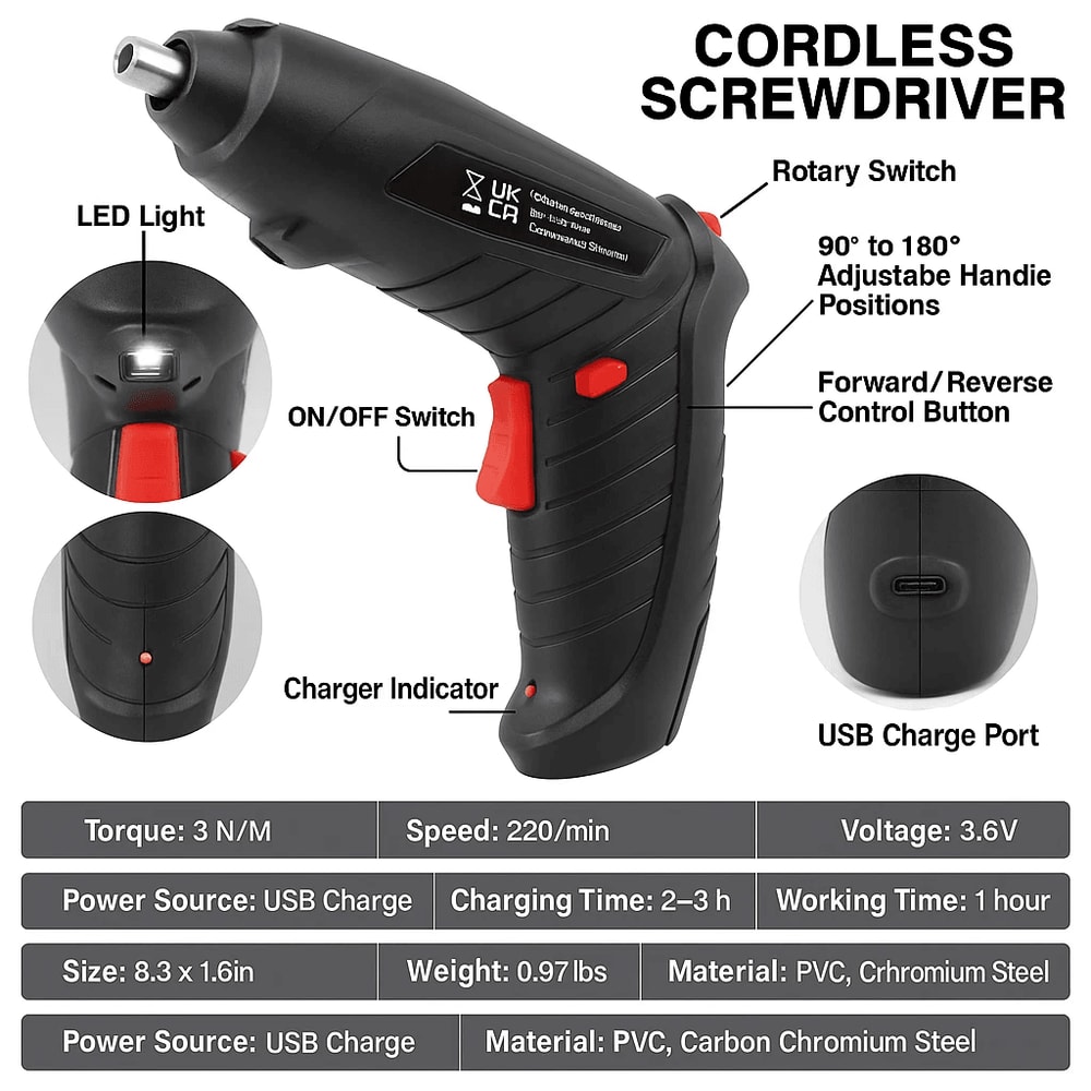 Cordless Electric Screwdriver Set USB Charging Screw Gun With LED Light 10