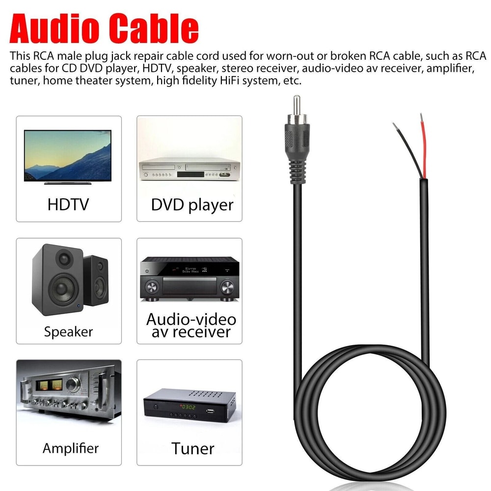 Bare Wire Audio Speaker Subwoofer HDTV Cable Cord RCA Male Plug To Adapter Connector 1