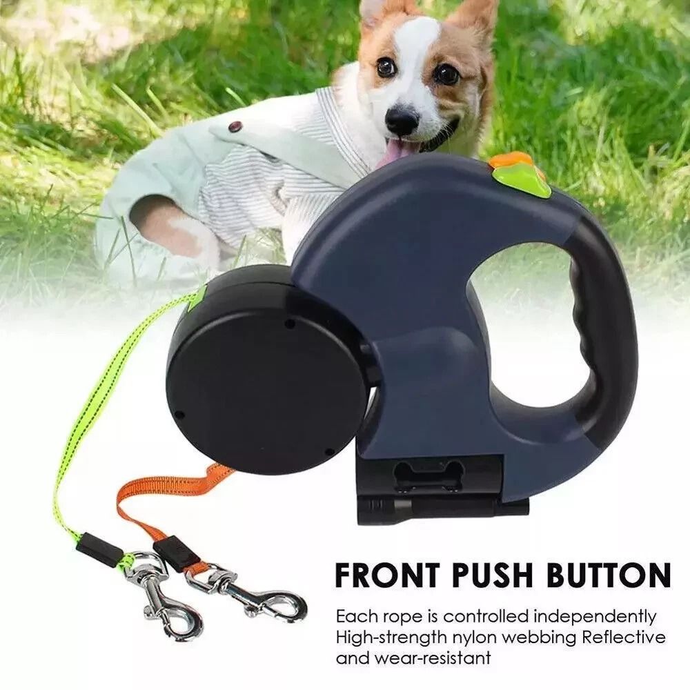 Double Dog Walking Leash Dual Pet Leash Retractable Swivel Reflective Lead 12