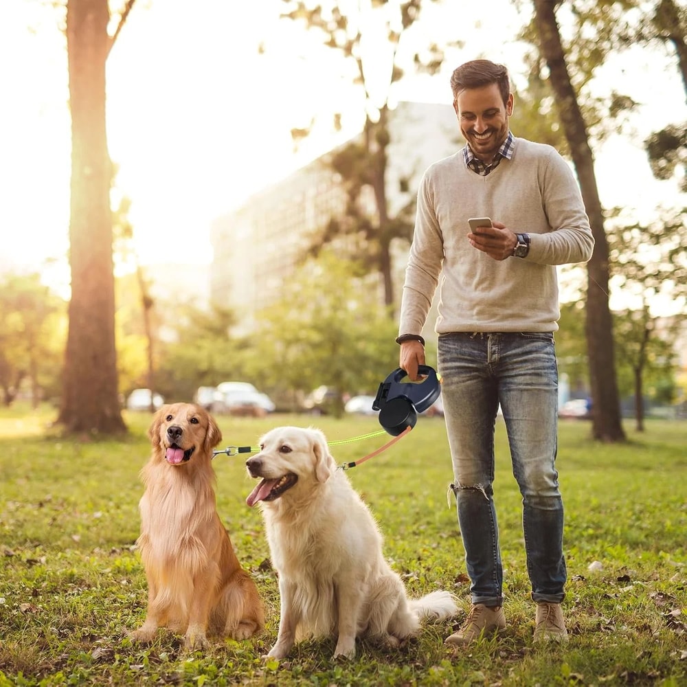 Double Dog Walking Leash Dual Pet Leash Retractable Swivel Reflective Lead 2
