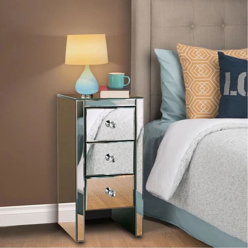 Crystal Mirrored Nightstand Bedroom Accent End Table With 3 Drawers New 0