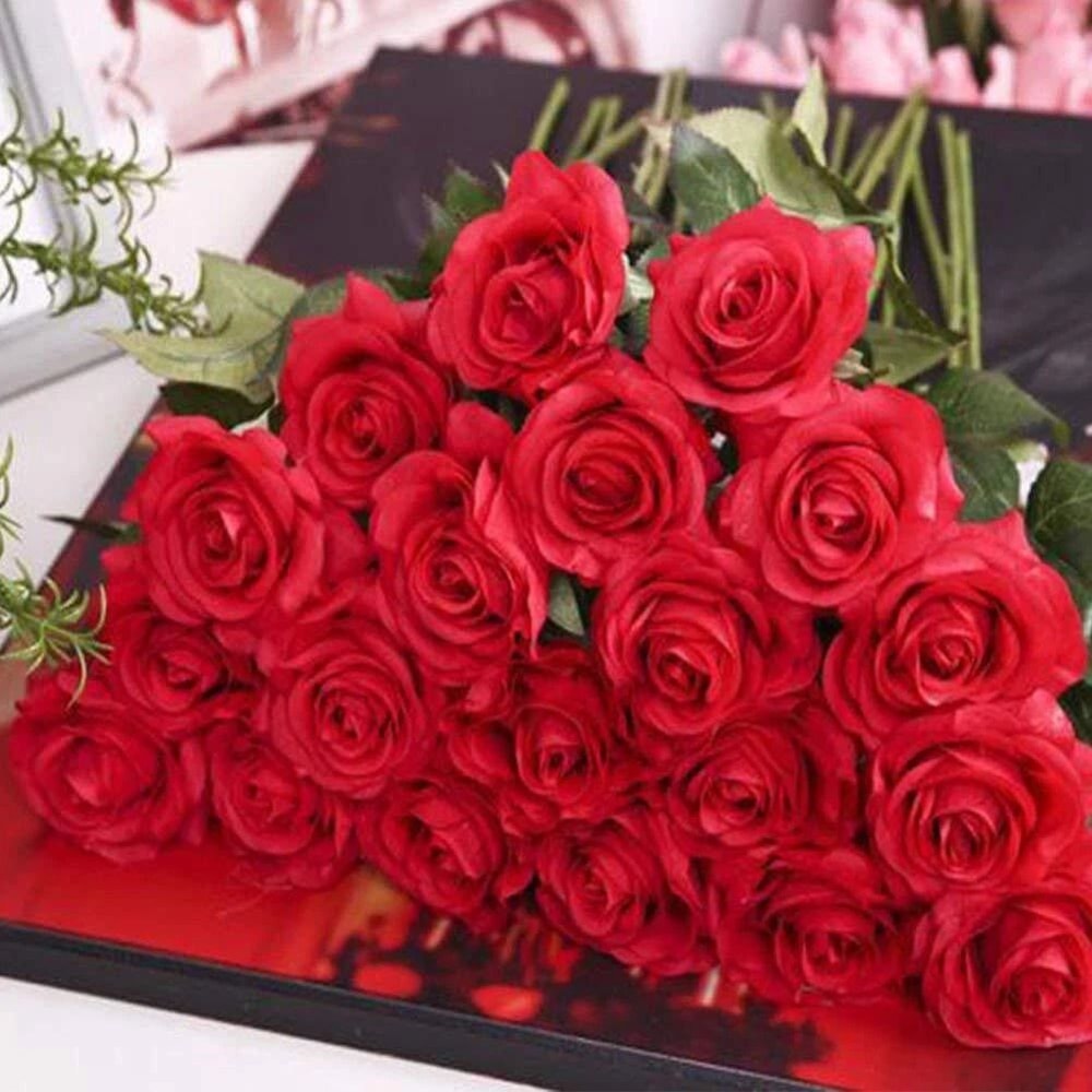 Realistic Bouquet Red Silk Roses Artificial Flowers Valentine Home Decor 4